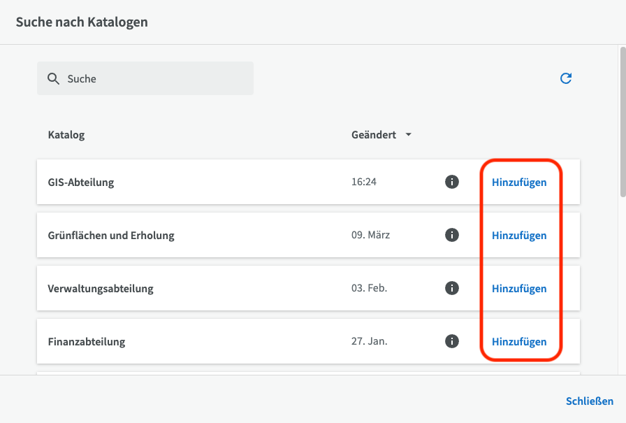 Liste auswählbarer Kataloge