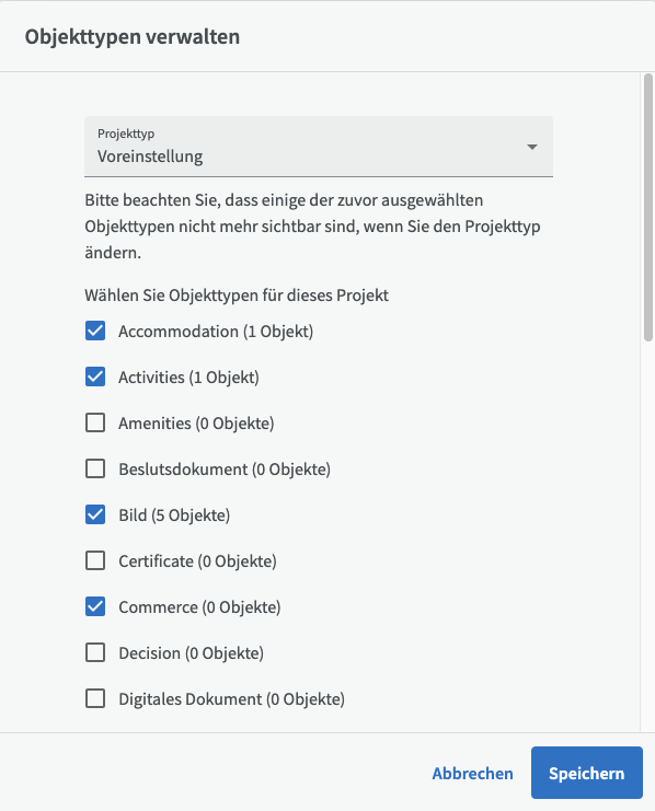 Objekttypen konfigurieren, auswählbar