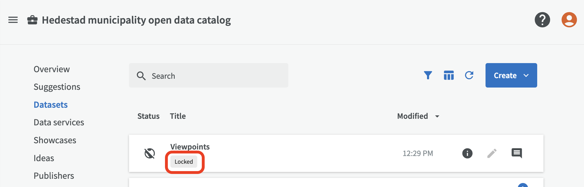 Lock icon for a dataset