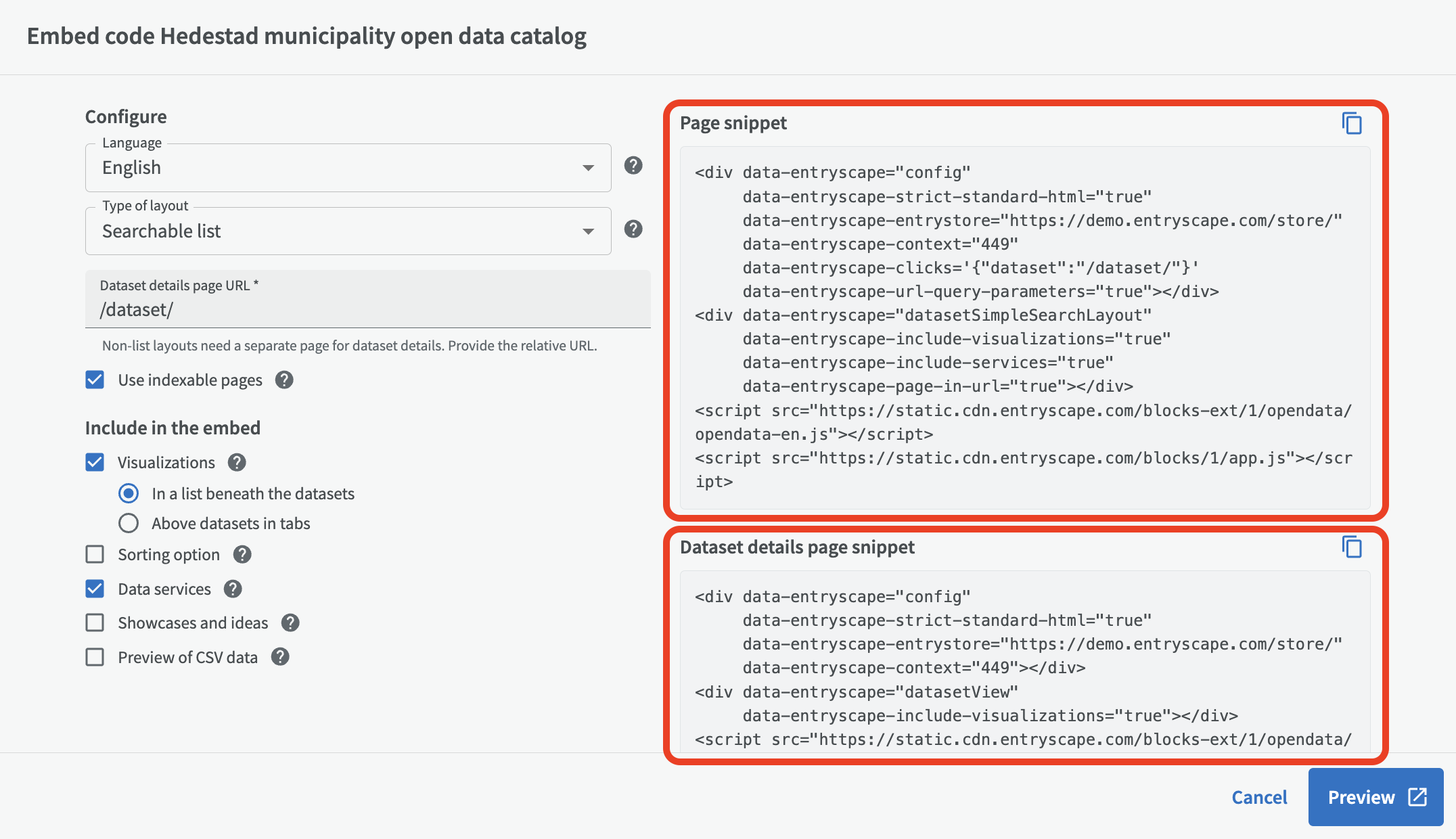 Code snippets for listview and individual datasets