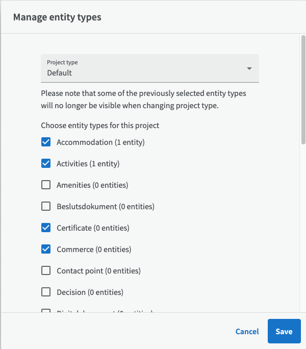 Configure entity types, selectable
