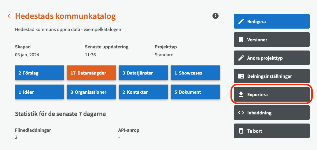 Knappen Exportera för katalog