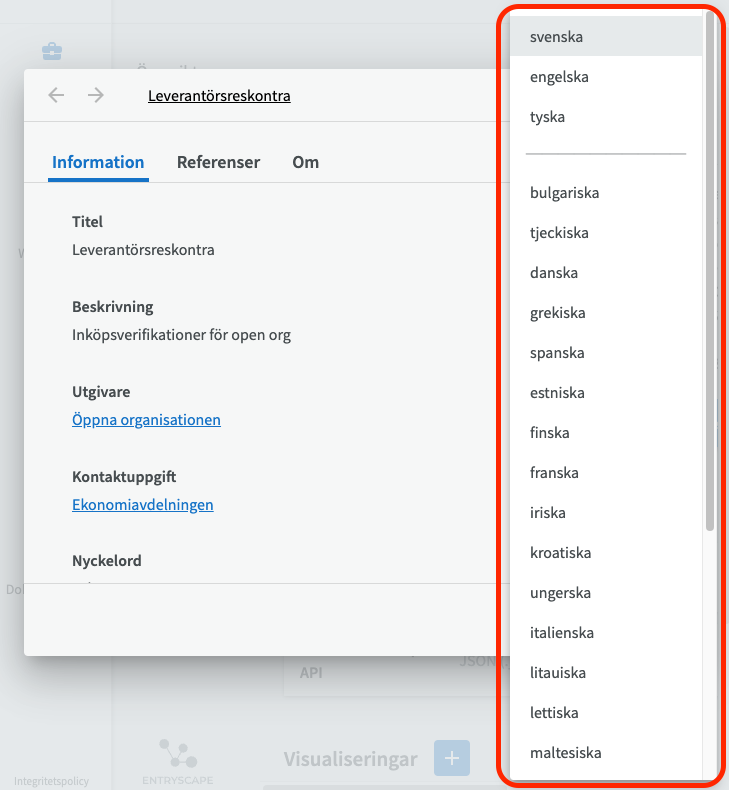 Informationsdialogfönstret, lista med språk