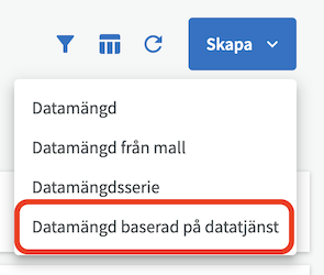 Menyalternativ Skapa datatjänst baserad på datamängd