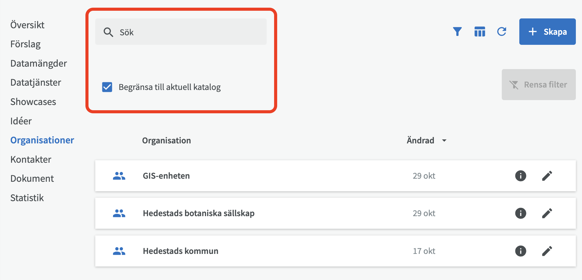 Begränsa visning av organisationer