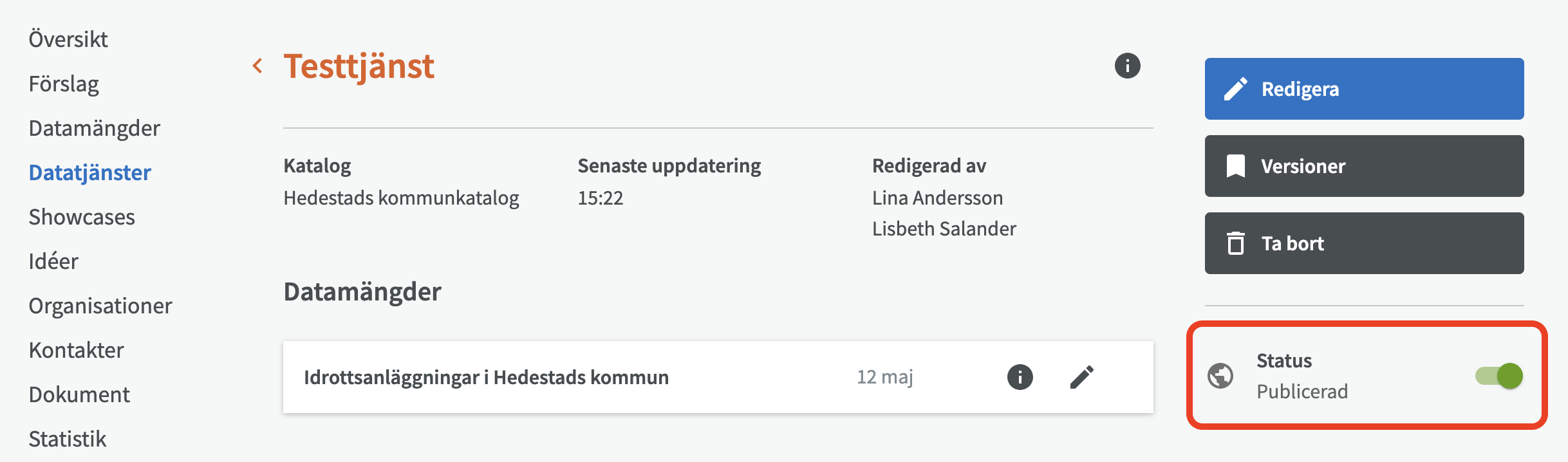 Publiceringsknappen för datatjänster