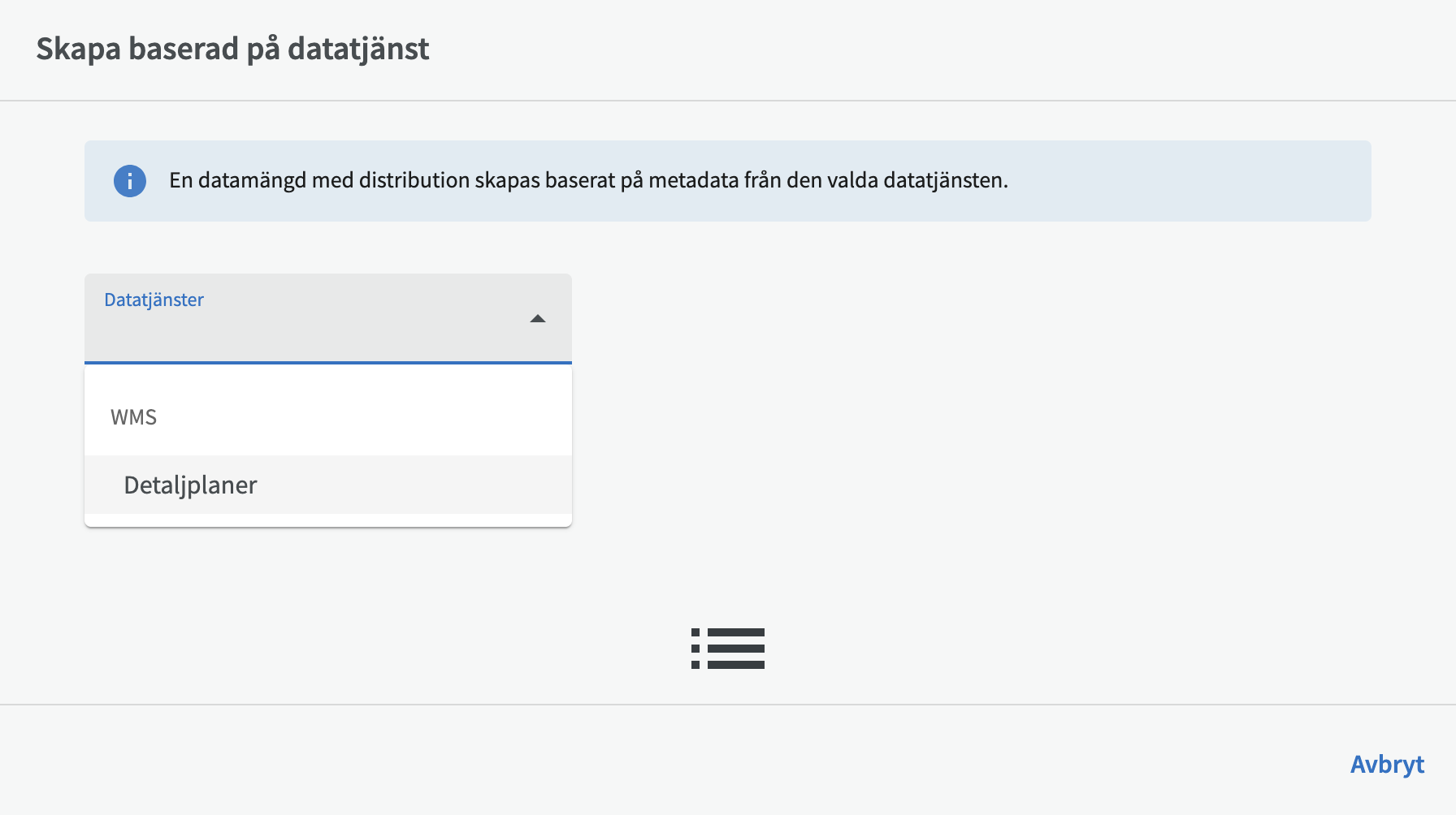 Datatjänstmenyn med WMS-tjänst som alternativ