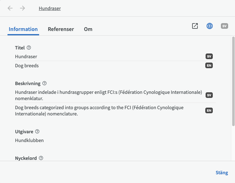 Informationsdialogfönstret, alla språk